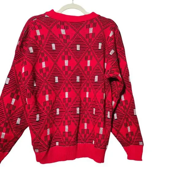 Coogi Style Vintage Red Geometric Knit Sweater 80s 90s Abstract Bold Pullover L